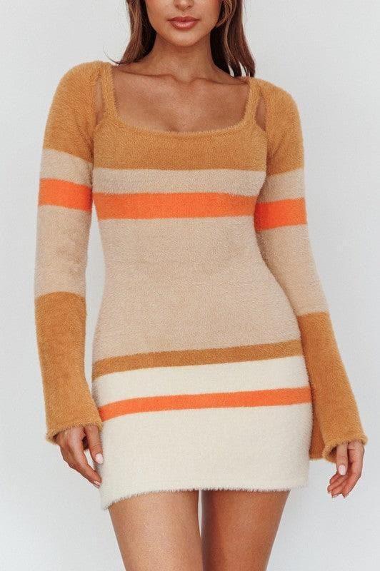 ONE AND ONLY COLLECTIVE Fuzzy Knit Long Sleeved Multi Stripe Mini Dress - SwagglyLife Home & Fashion