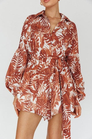 ONE AND ONLY COLLECTIVE Leaves Print Puff Sleeved Romper - SwagglyLife Home & Fashion