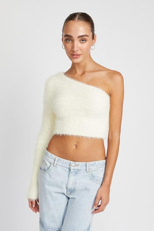 One Shoulder Fluffy Sweater Top - SwagglyLife Home & Fashion