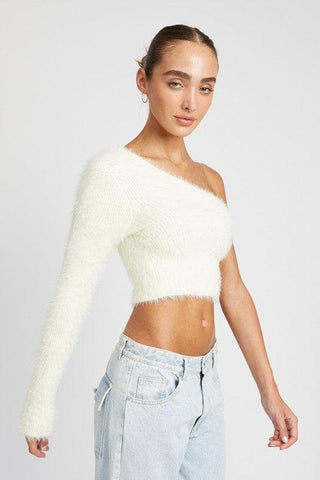 One Shoulder Fluffy Sweater Top - SwagglyLife Home & Fashion