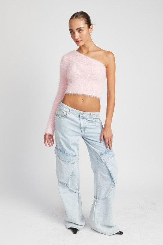 One Shoulder Fluffy Sweater Top - SwagglyLife Home & Fashion