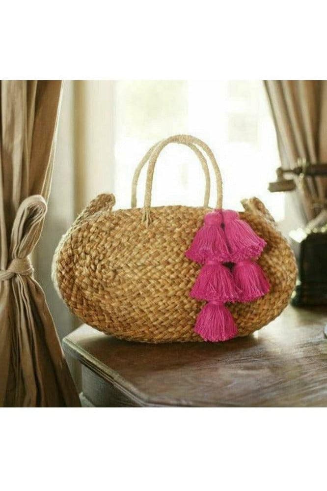 Oval Luna Straw Tote Bag - with Fuschia Pink Tassels - SwagglyLife Home & Fashion