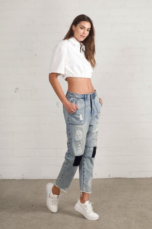 Patched Ripped Frayed Crop Jeans - SwagglyLife Home & Fashion
