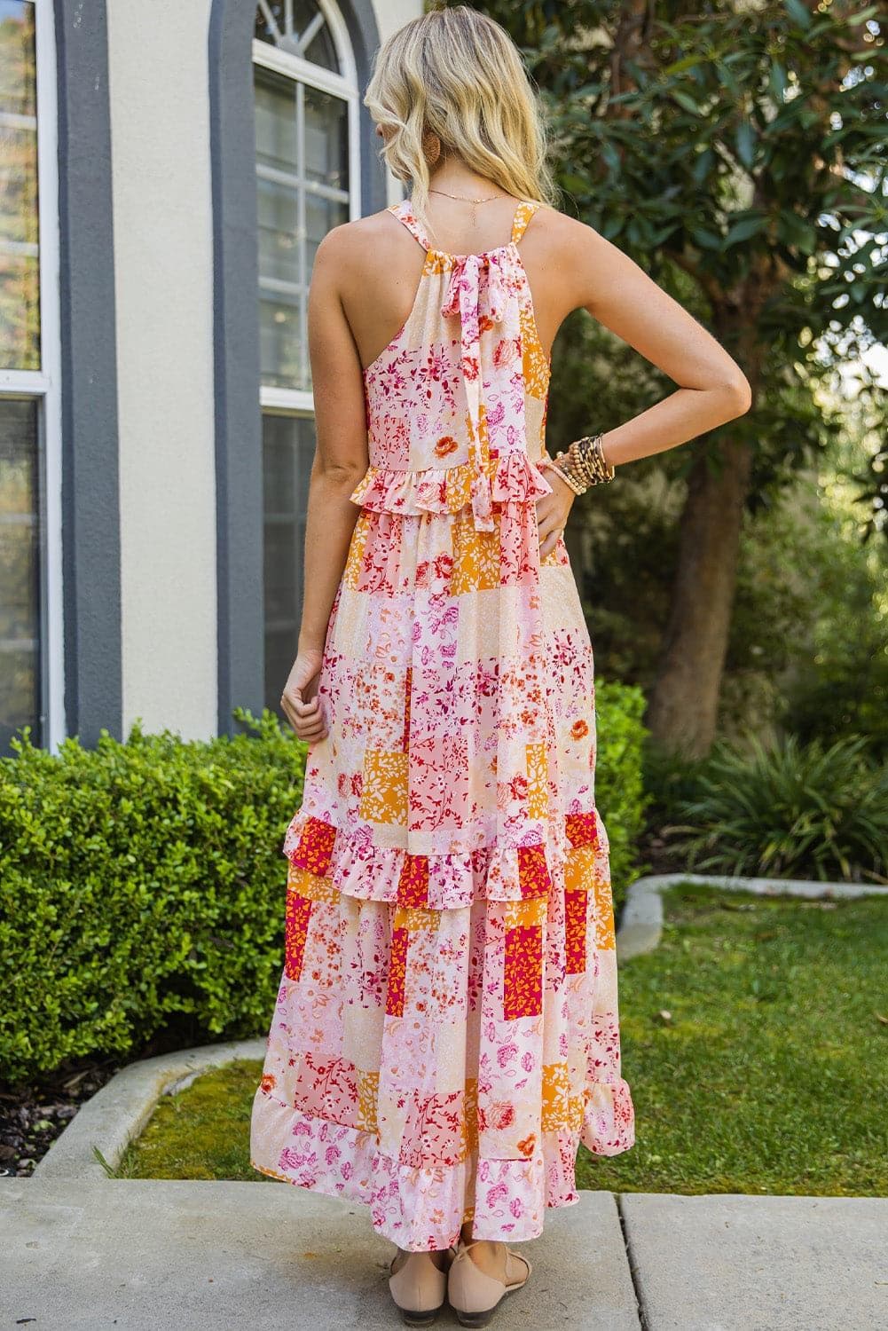 Patchwork Grecian Neck Ruffled Maxi Dress - SwagglyLife Home & Fashion