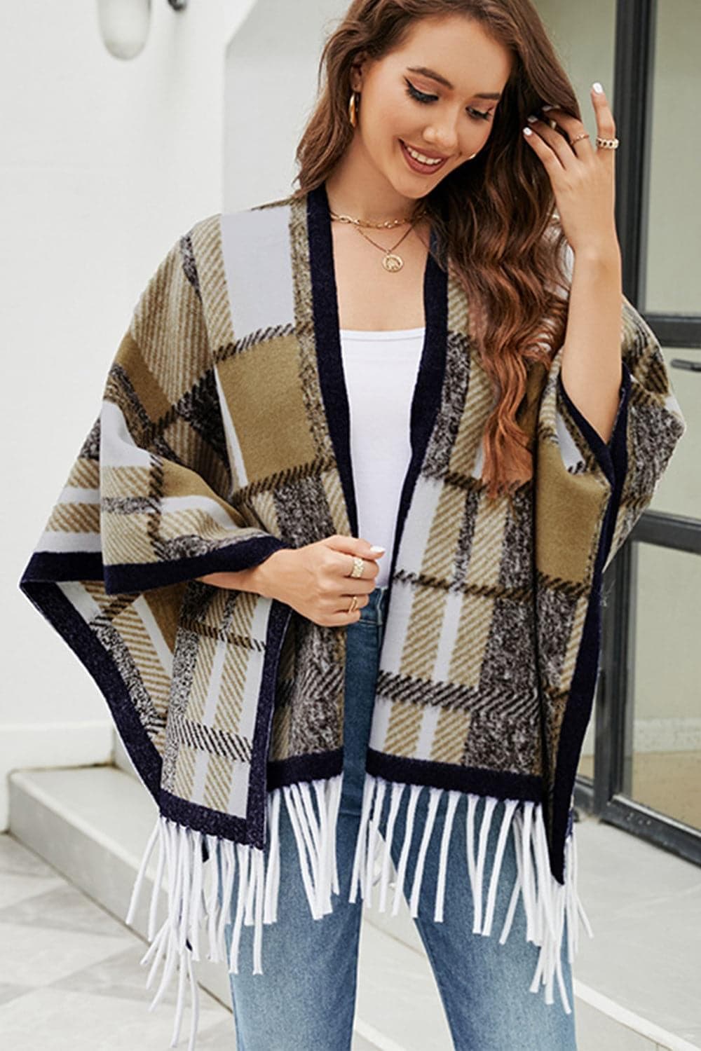 Plaid Cloak Sleeve Fringe Detail Poncho, 5 Colors - SwagglyLife Home & Fashion