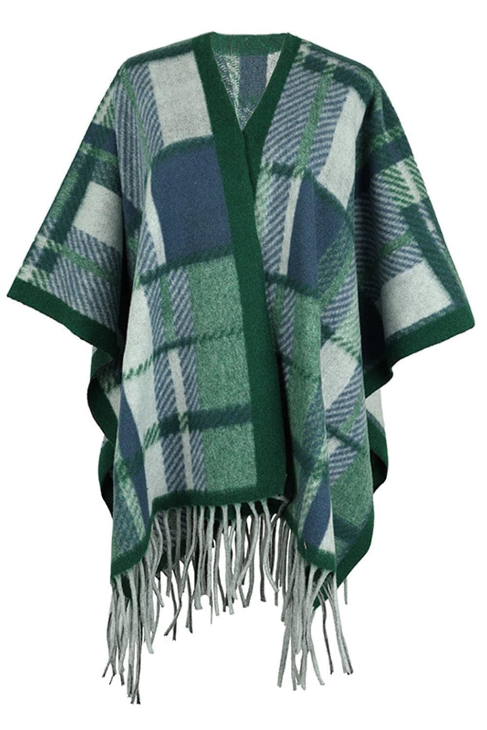 Plaid Cloak Sleeve Fringe Detail Poncho, 5 Colors - SwagglyLife Home & Fashion