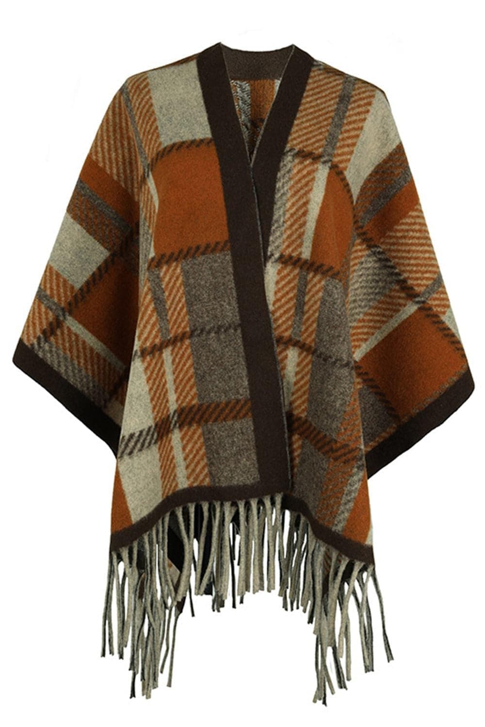 Plaid Cloak Sleeve Fringe Detail Poncho, 5 Colors - SwagglyLife Home & Fashion