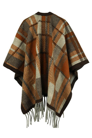 Plaid Cloak Sleeve Fringe Detail Poncho, 5 Colors - SwagglyLife Home & Fashion