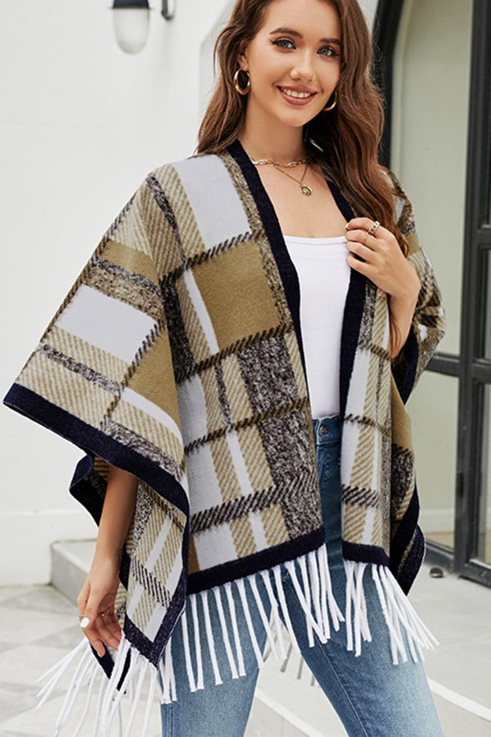 Plaid Cloak Sleeve Fringe Detail Poncho, 5 Colors - SwagglyLife Home & Fashion