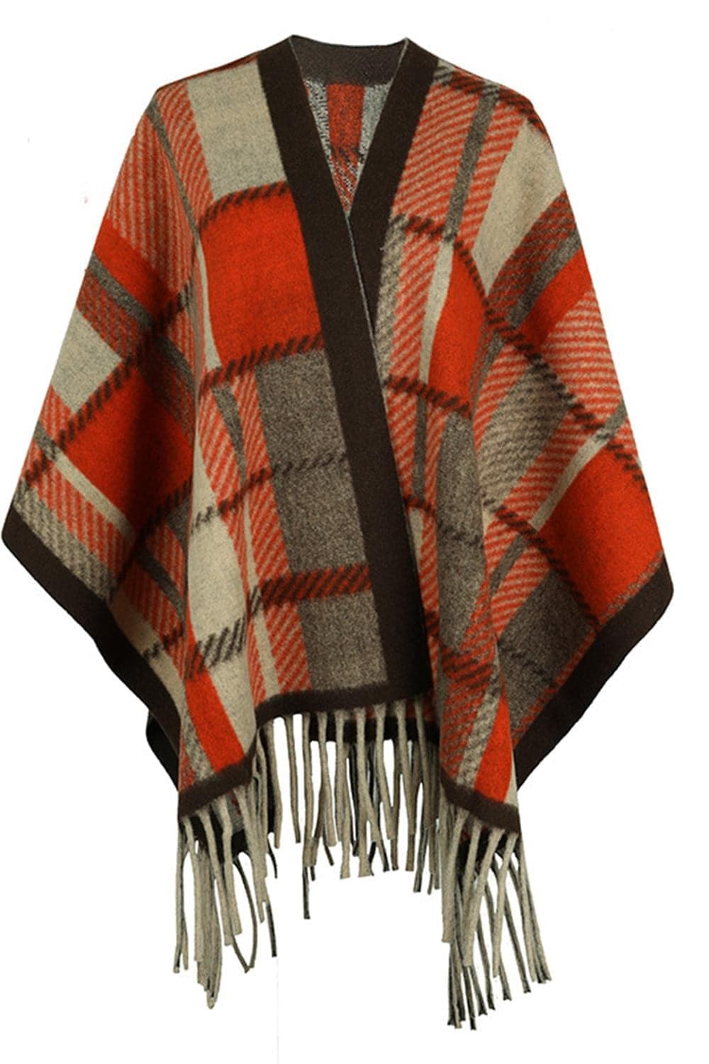 Plaid Cloak Sleeve Fringe Detail Poncho, 5 Colors - SwagglyLife Home & Fashion