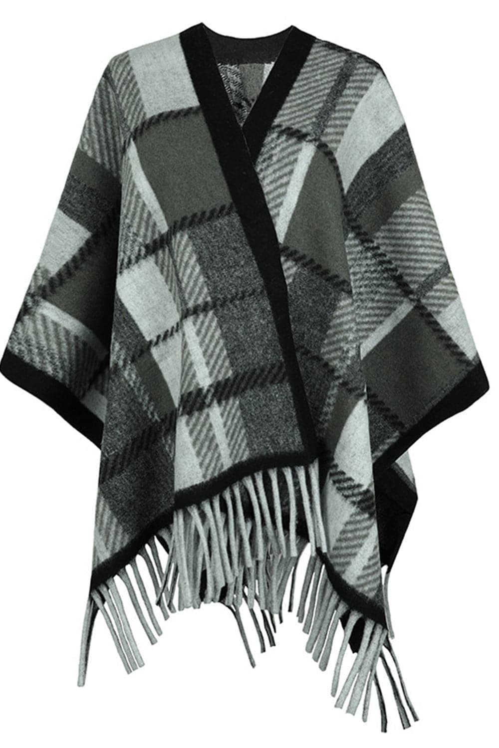 Plaid Cloak Sleeve Fringe Detail Poncho, 5 Colors - SwagglyLife Home & Fashion