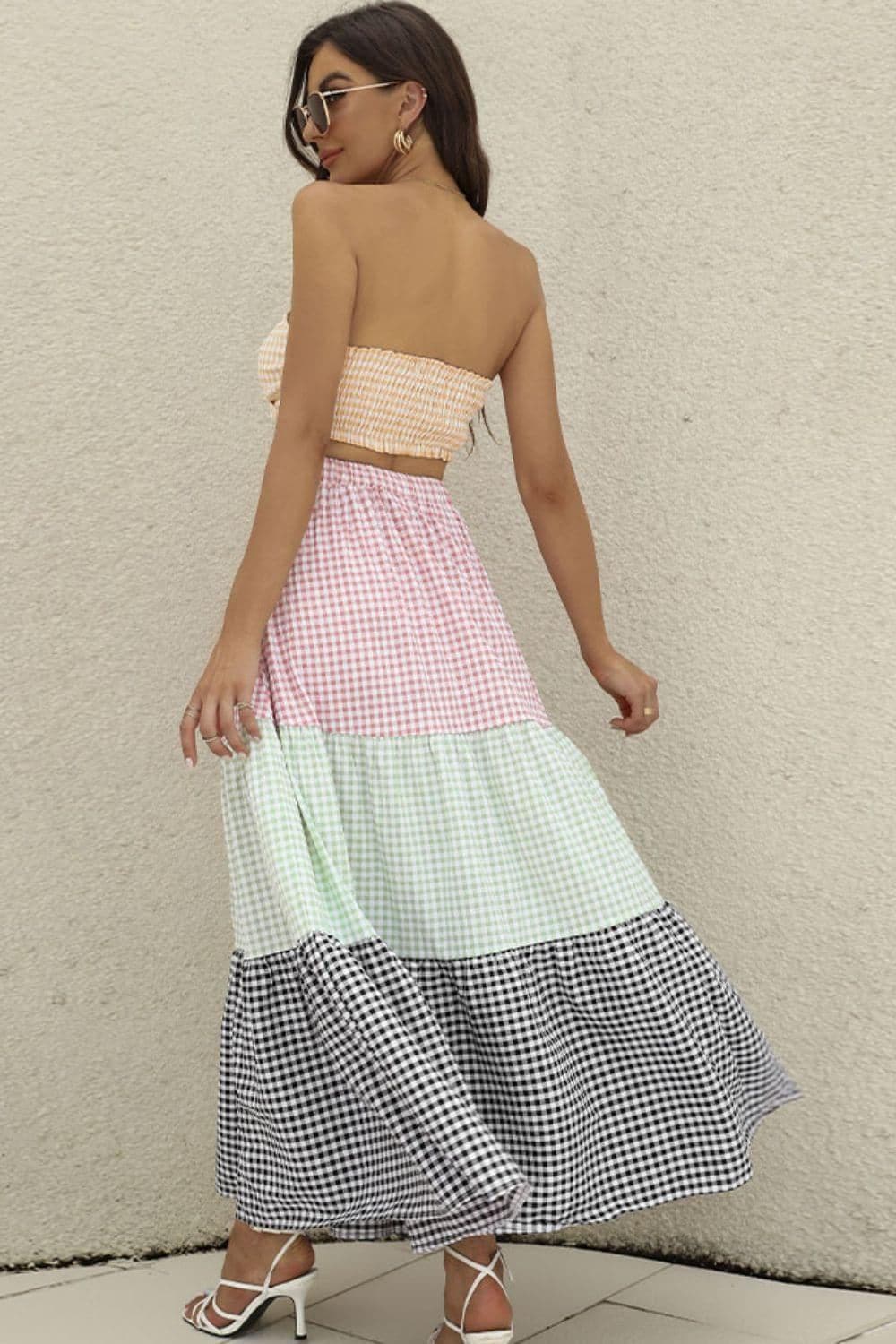 Plaid Strapless Top and Tiered Skirt Set - SwagglyLife Home & Fashion