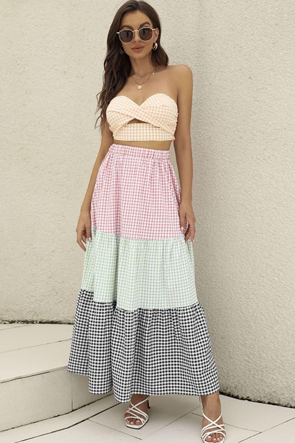 Plaid Strapless Top and Tiered Skirt Set - SwagglyLife Home & Fashion
