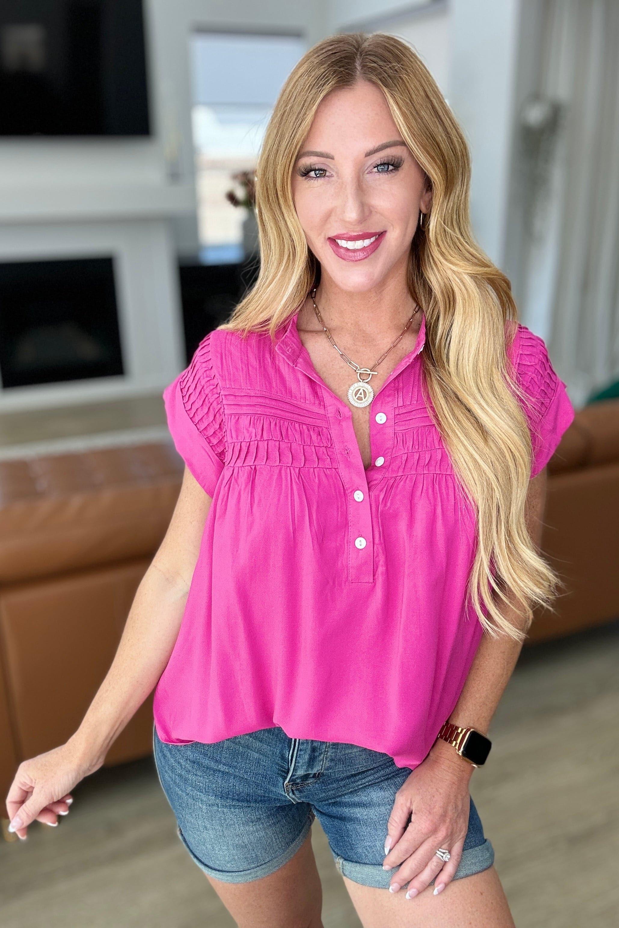 Pleat Detail Button Up Blouse in Hot Pink - SwagglyLife Home & Fashion