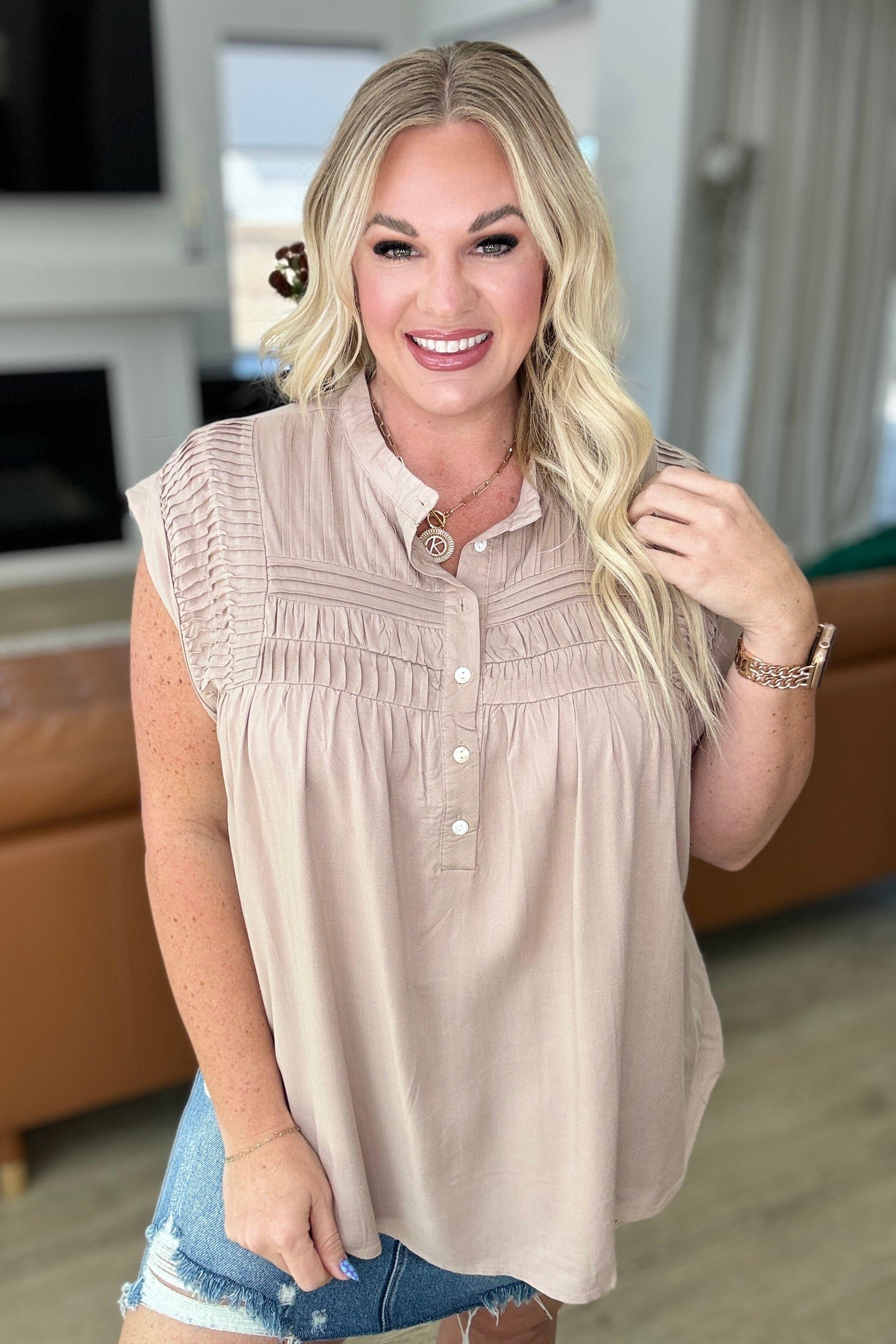Pleat Detail Button Up Blouse in Taupe - SwagglyLife Home & Fashion