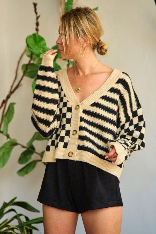 PLUS Contrast Pattern Sweater Cardigan - SwagglyLife Home & Fashion