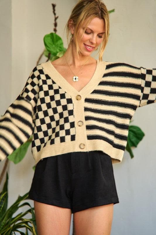 PLUS Contrast Pattern Sweater Cardigan - SwagglyLife Home & Fashion