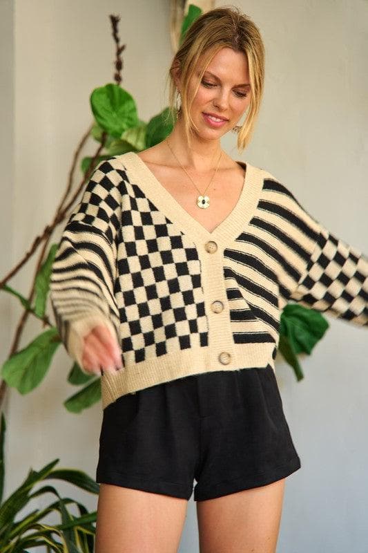 PLUS Contrast Pattern Sweater Cardigan - SwagglyLife Home & Fashion