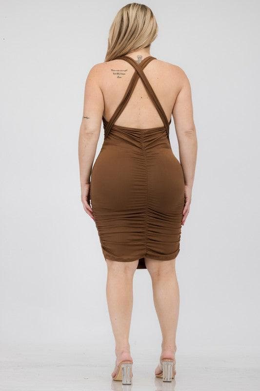 Plus Plunging Neck Ruched Bodycon Mini Dress - SwagglyLife Home & Fashion