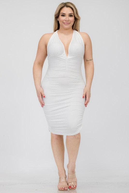 Plus Plunging Neck Ruched Bodycon Mini Dress - SwagglyLife Home & Fashion