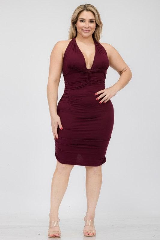 Plus Plunging Neck Ruched Bodycon Mini Dress - SwagglyLife Home & Fashion