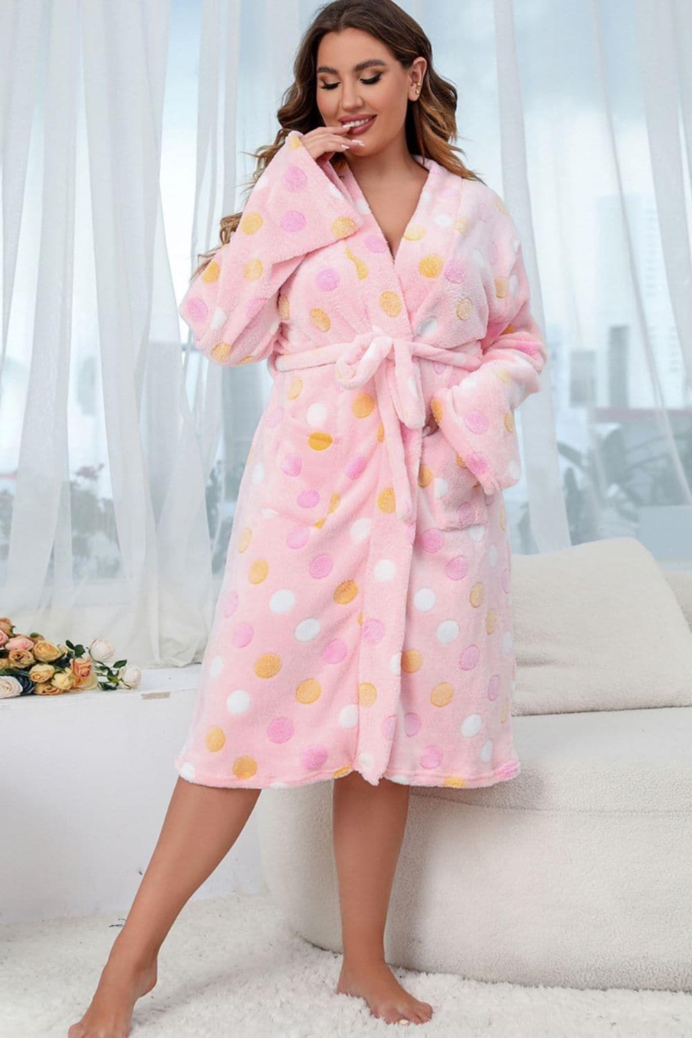 PLUS Printed Tie Waist Robe with Pocket, Multiple Colors - SwagglyLife Home & Fashion