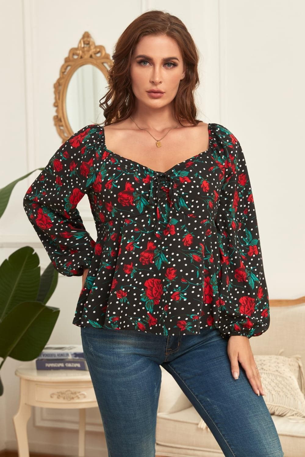 PLUS Size Floral Balloon Sleeve Blouse, Black - SwagglyLife Home & Fashion