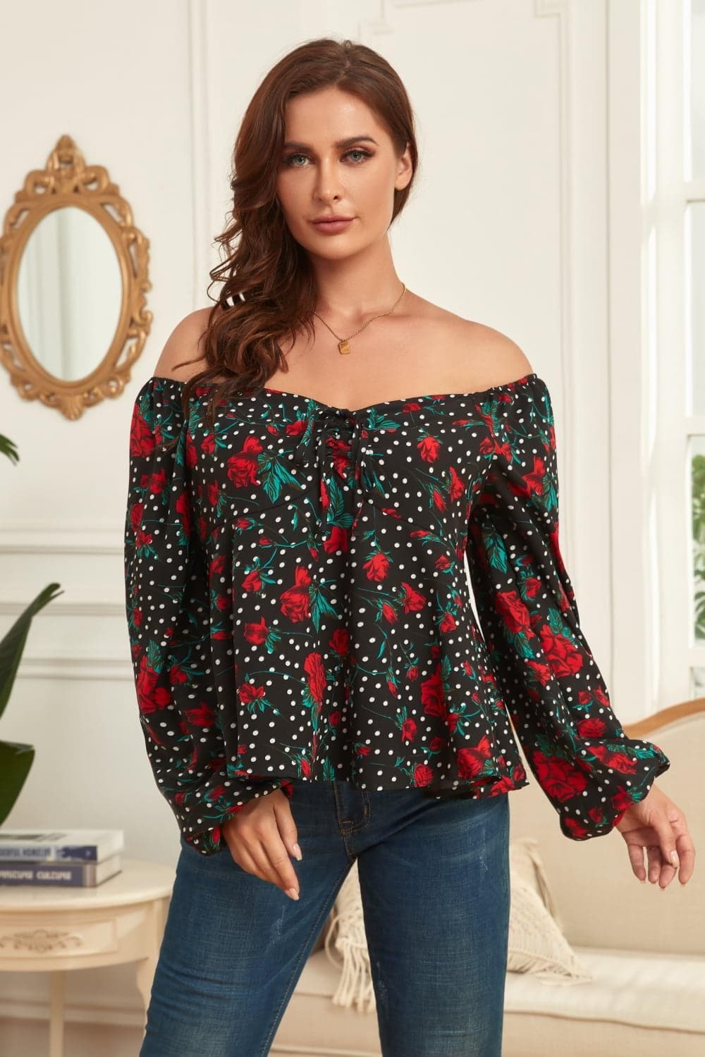 PLUS Size Floral Balloon Sleeve Blouse, Black - SwagglyLife Home & Fashion