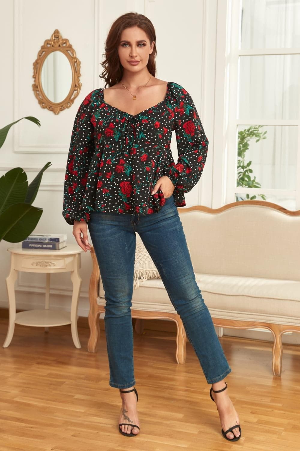 PLUS Size Floral Balloon Sleeve Blouse, Black - SwagglyLife Home & Fashion