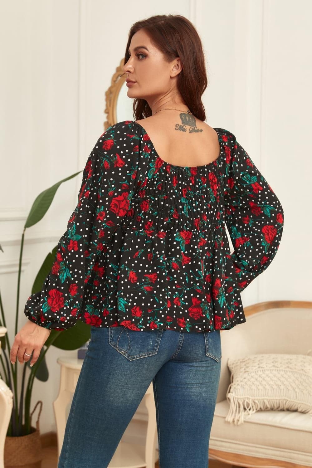 PLUS Size Floral Balloon Sleeve Blouse, Black - SwagglyLife Home & Fashion