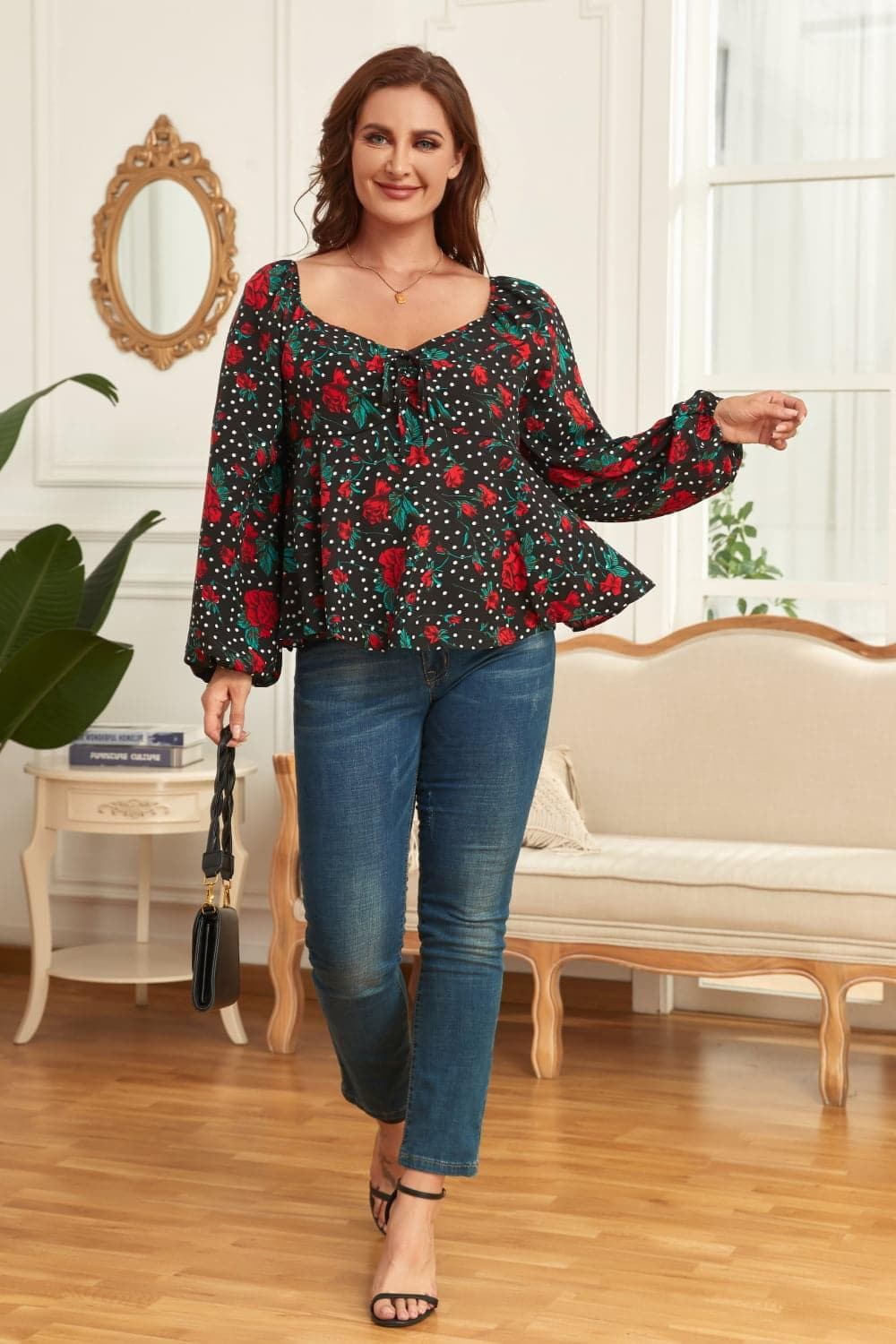 PLUS Size Floral Balloon Sleeve Blouse, Black - SwagglyLife Home & Fashion