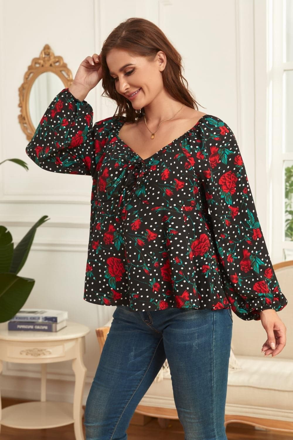 PLUS Size Floral Balloon Sleeve Blouse, Black - SwagglyLife Home & Fashion