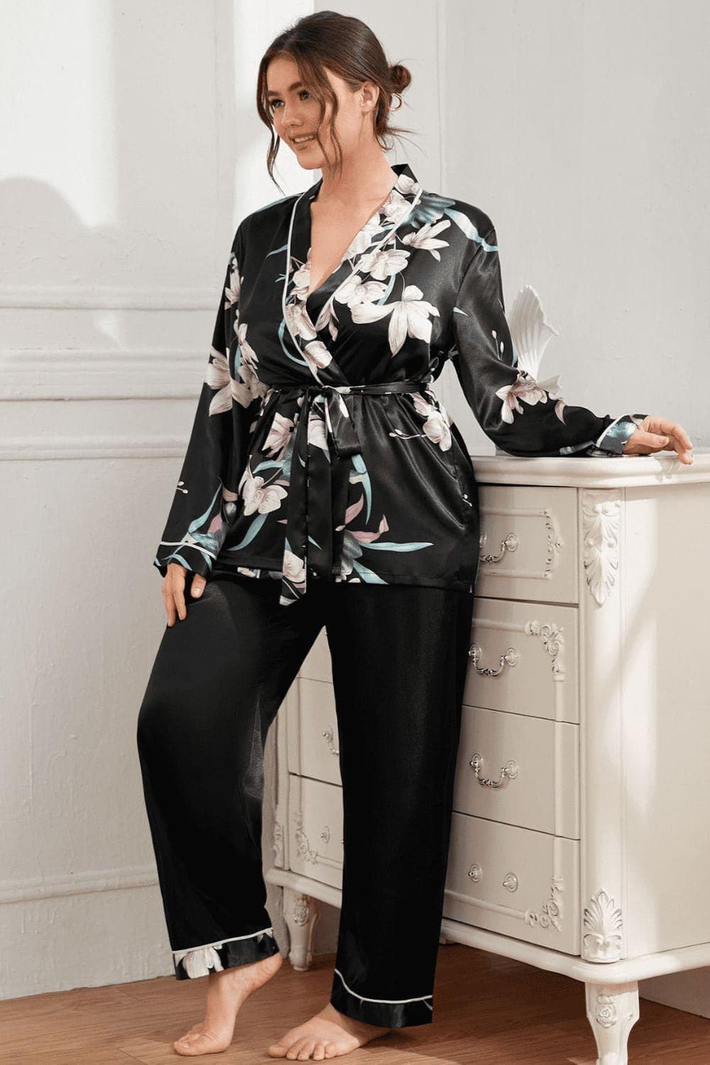 Plus Size Floral Robe and Pants Pajama Set - SwagglyLife Home & Fashion