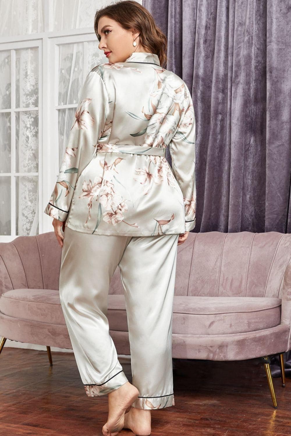 Plus Size Floral Robe and Pants Pajama Set - SwagglyLife Home & Fashion