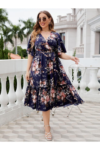 Plus Size Floral Surplice Neck Midi Dress - SwagglyLife Home & Fashion