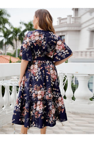 Plus Size Floral Surplice Neck Midi Dress - SwagglyLife Home & Fashion