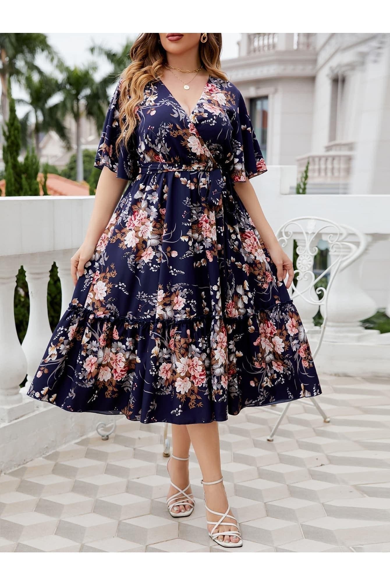 Plus Size Floral Surplice Neck Midi Dress - SwagglyLife Home & Fashion