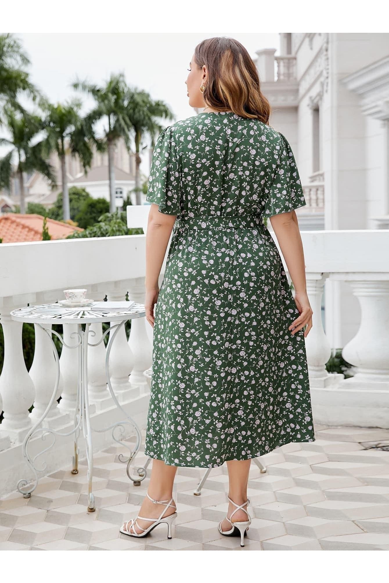 Plus Size Floral Surplice Tie Waist Dress - SwagglyLife Home & Fashion