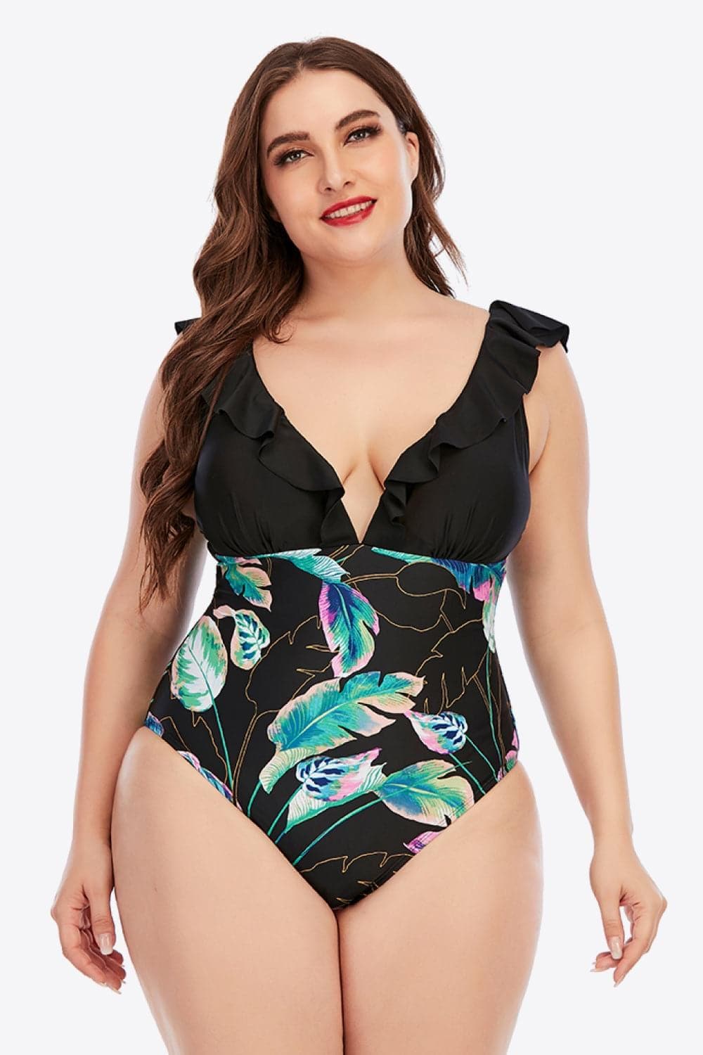 Plus Size Printed Ruffled Deep V One-Piece Swimsuit - SwagglyLife Home & Fashion