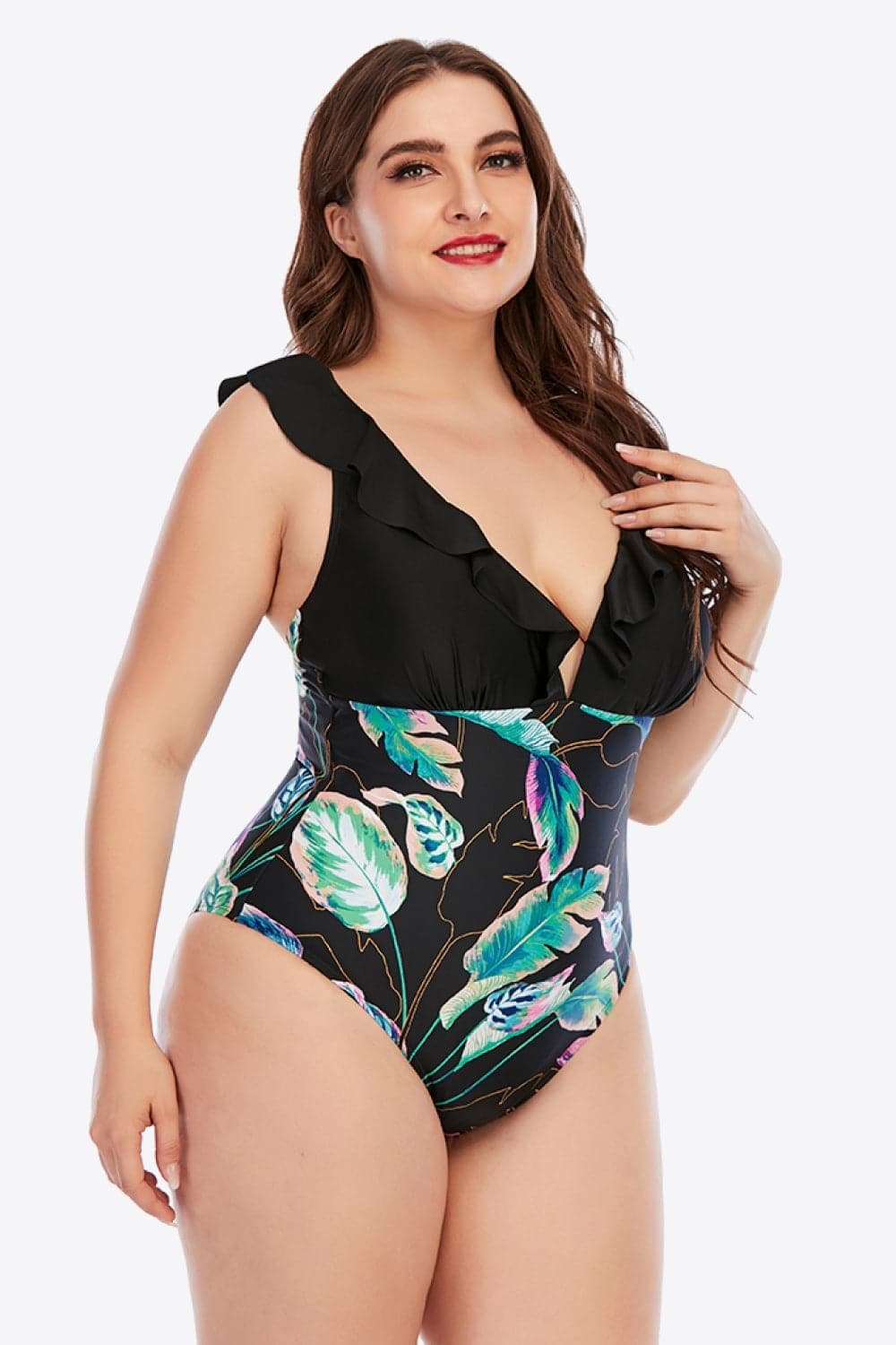 Plus Size Printed Ruffled Deep V One-Piece Swimsuit - SwagglyLife Home & Fashion