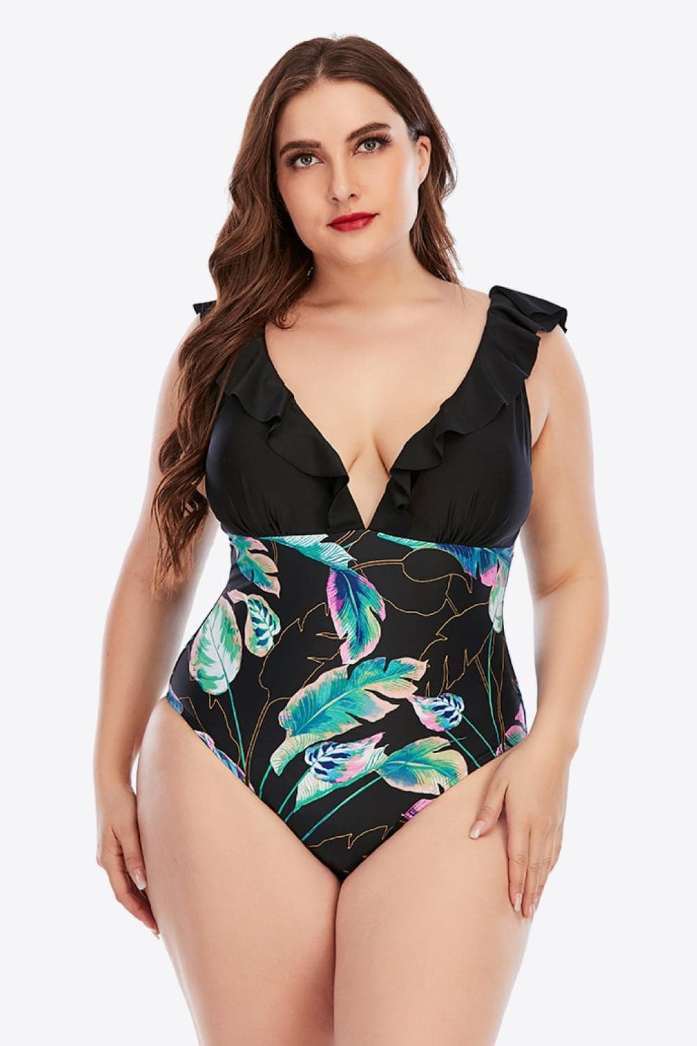 Plus Size Printed Ruffled Deep V One-Piece Swimsuit - SwagglyLife Home & Fashion