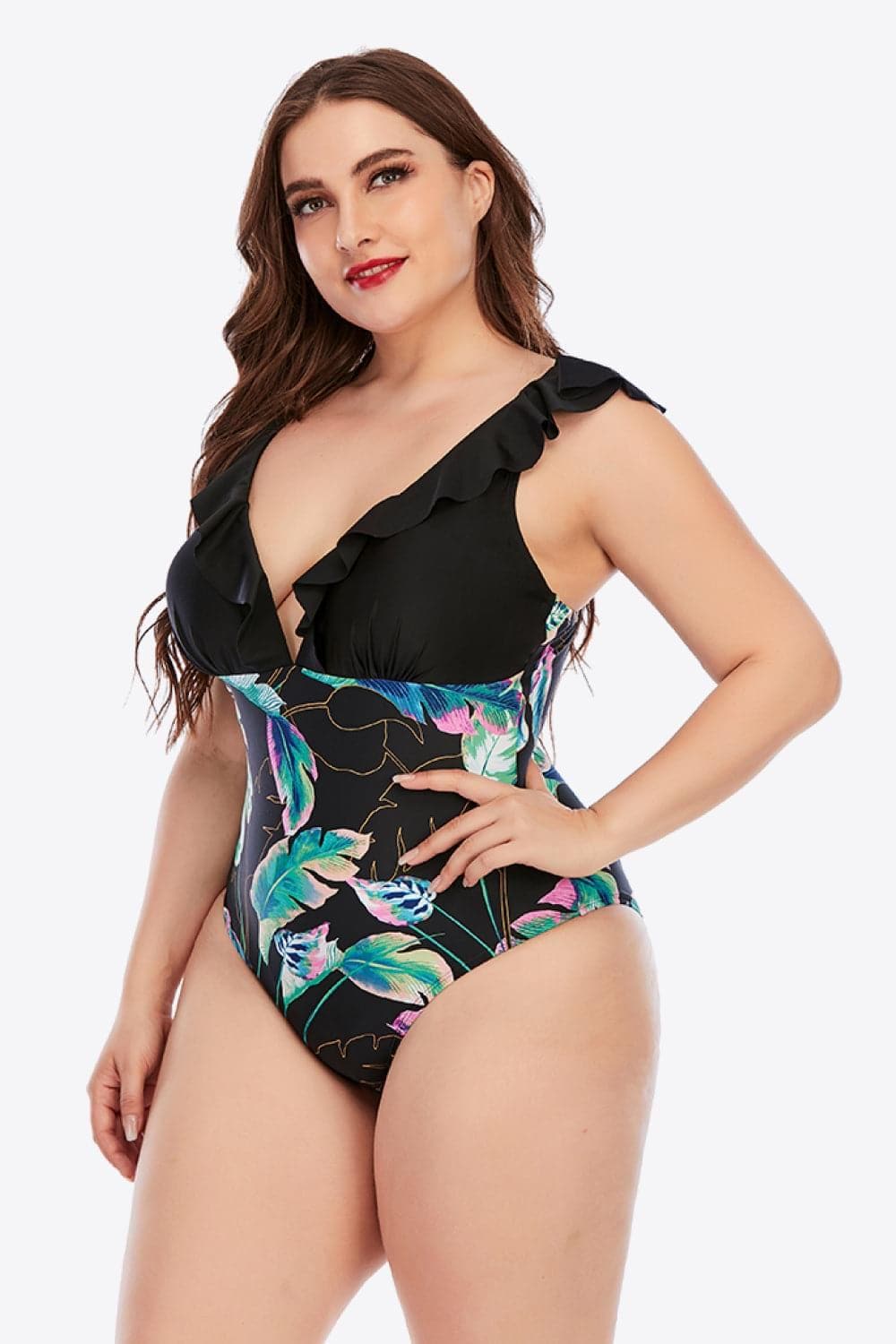 Plus Size Printed Ruffled Deep V One-Piece Swimsuit - SwagglyLife Home & Fashion