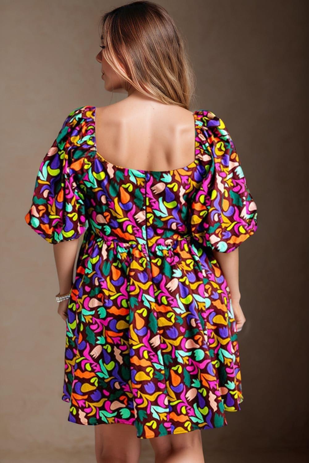 Plus Size Printed Square Neck Half Sleeve Dress - SwagglyLife Home & Fashion