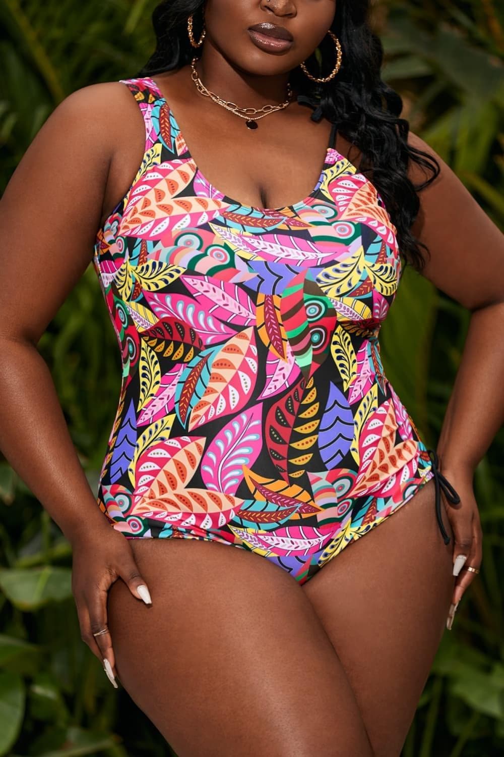 Plus Size Printed Tied Sleeveless One-Piece Swimsuit - SwagglyLife Home & Fashion