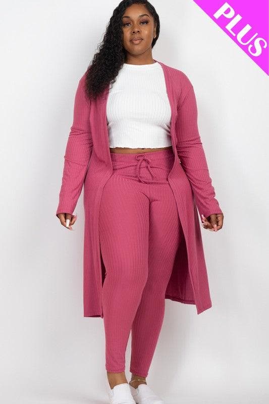 Plus Size Ribbed Long Cardigan & Leggings Set - SwagglyLife Home & Fashion