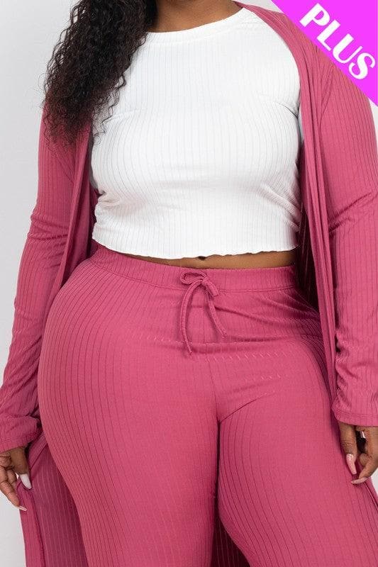 Plus Size Ribbed Long Cardigan & Leggings Set - SwagglyLife Home & Fashion