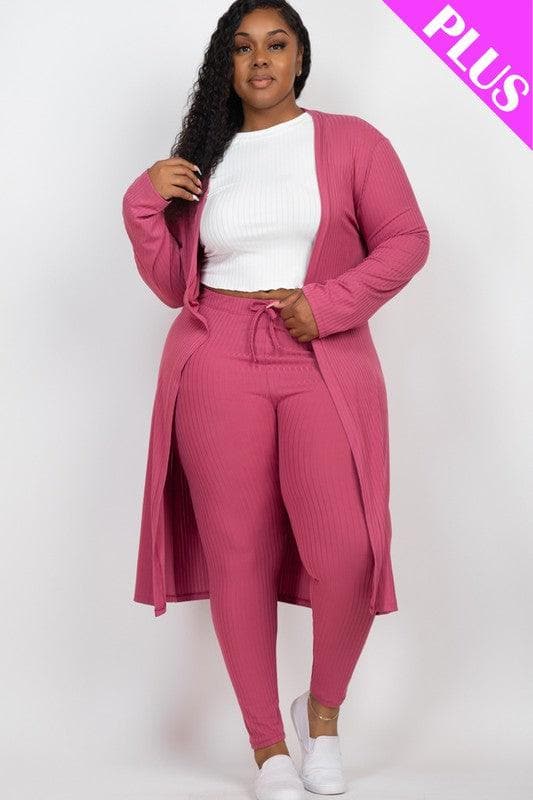 Plus Size Ribbed Long Cardigan & Leggings Set - SwagglyLife Home & Fashion