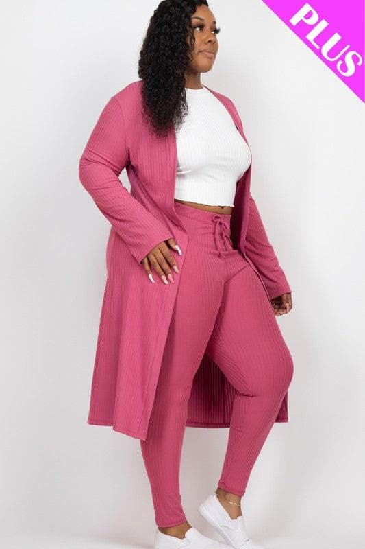 Plus Size Ribbed Long Cardigan & Leggings Set - SwagglyLife Home & Fashion