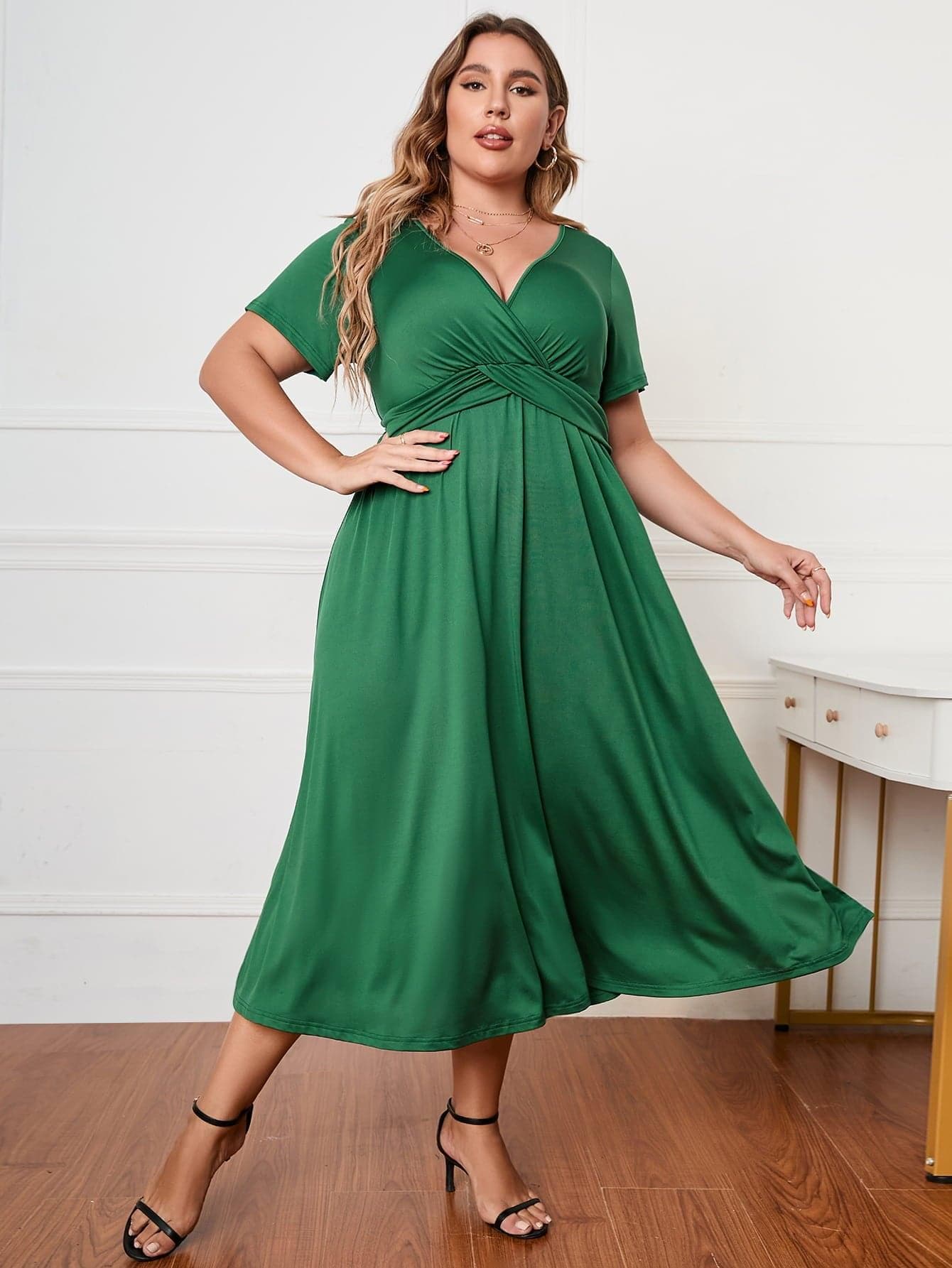 Plus Size Short Sleeve Surplice Neck Midi Dress - SwagglyLife Home & Fashion