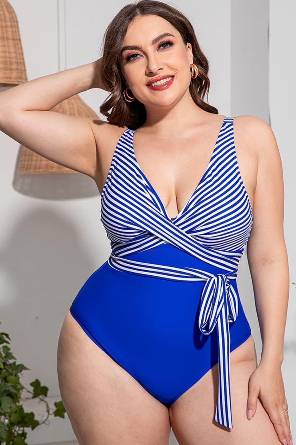 Plus Size Striped Tie-Waist One-Piece Swimsuit - SwagglyLife Home & Fashion